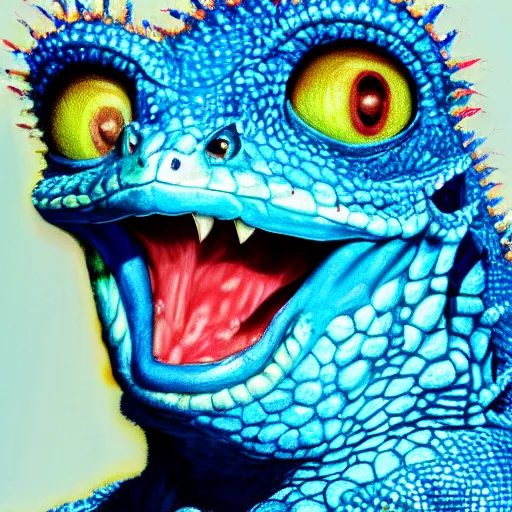 Prompt: president donald j clinton as a smiling laughing bright blue lizard person, airbrush painting, hyper detailed, 8 k, photorealism, rule of thirds, glitter.