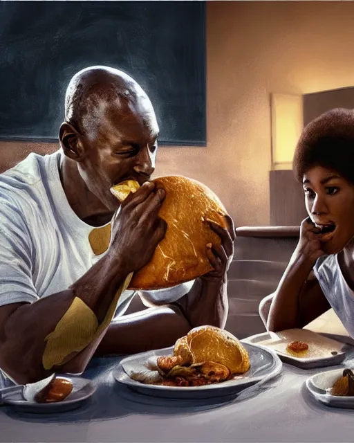 Image similar to micheal jordan eating at panera bread, hyper realistic, ambient lighting, concept art, intricate, hyper detailed, smooth, volumetric lighting, octane