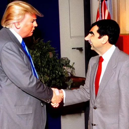 Prompt: mr bean shaking hands with donald trump