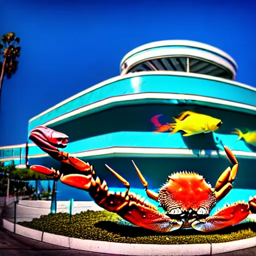 Prompt: 1 9 8 5 crab themed giant aquarium, googie architecture, one point perspective, americana, fishcore, exterior photography, hd 8 k, photography by ansel adams