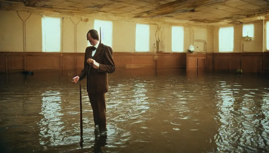 Image similar to 7 0 s movie still of an old violonist standing in a soviet ballroom flooded in mud, cinestill 8 0 0 t 3 5 mm eastmancolor, heavy grain, high quality, high detail