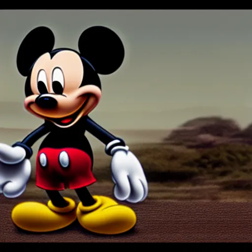 Image similar to Mickey Mouse as a human, photorealistic, film still, desolate