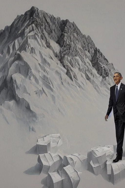 Image similar to obama standing next to a mountain made of papers, oil on canvas, intricate, portrait, 8 k highly professionally detailed, hdr, cgsociety