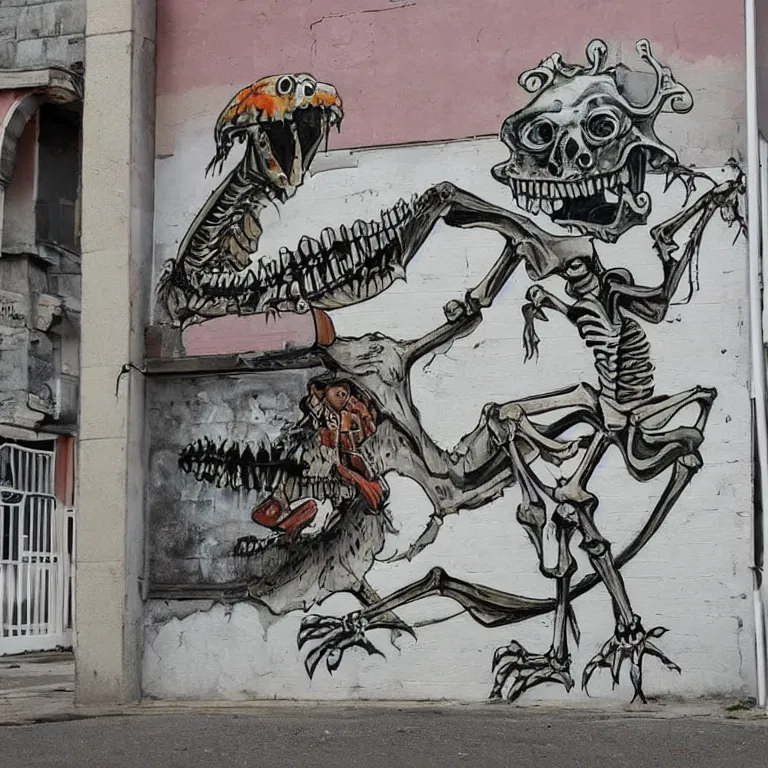 Image similar to Street-art painting of funny crocodile-skeleton in style of Banksy, comic character, cute skeleton, cartoon style, photorealism