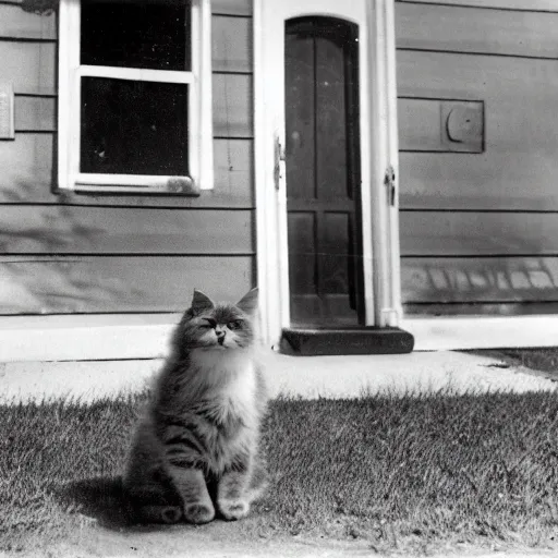 Prompt: a fluffy cat sitting on the corner of a front yard on a residential street in the 1930s