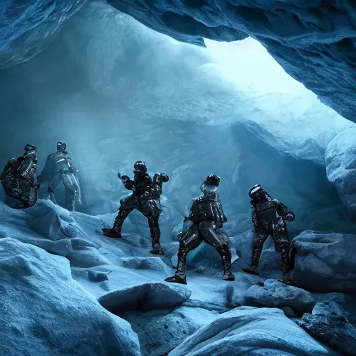 Prompt: futuristic soldiers exploring a prehistoric cave in antarctic, cinematic lighting, 1 9 2 0's sci - fi, deep aesthetic colors, 8 k, highly ornate intricate details, extreme detail,