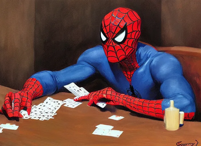 Image similar to a highly detailed beautiful portrait of spiderman playing poker, by gregory manchess, james gurney, james jean