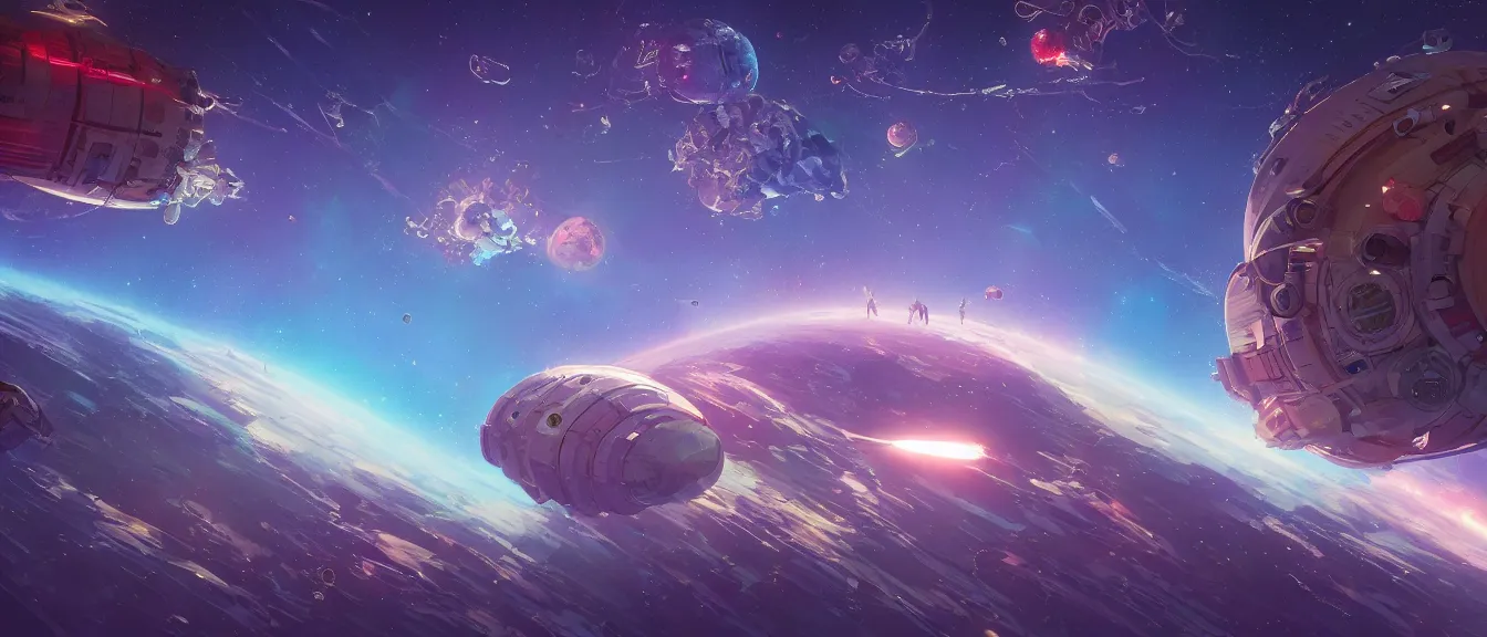 Image similar to orbital space station on a colorful nebulea, unreal engine, fantasy art by greg, loish, rhads, ferdinand knab, makoto shinkai, lois van baarle, ilya kuvshinov, rossdraws, tom bagshaw, global illumination, radiant light, highly detailed intricate environment, isometric, onstudio ghibli, octane render, 8 k