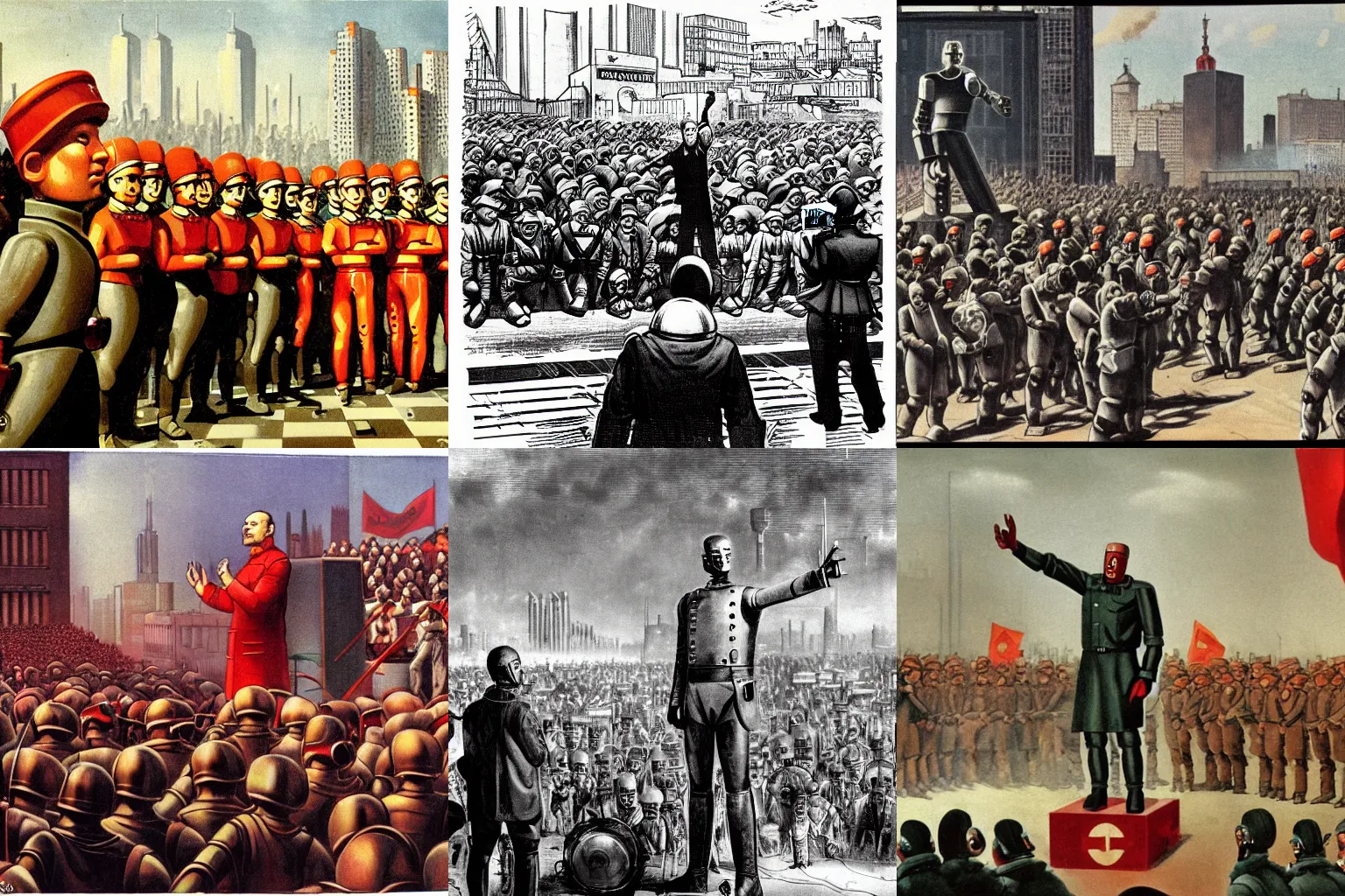 Prompt: robot revolutionary speaking to a crowd of robots amid the backdrop of a cyberpunk city in the socialist realist style of lenin speaking to the red army by isaac brodsky