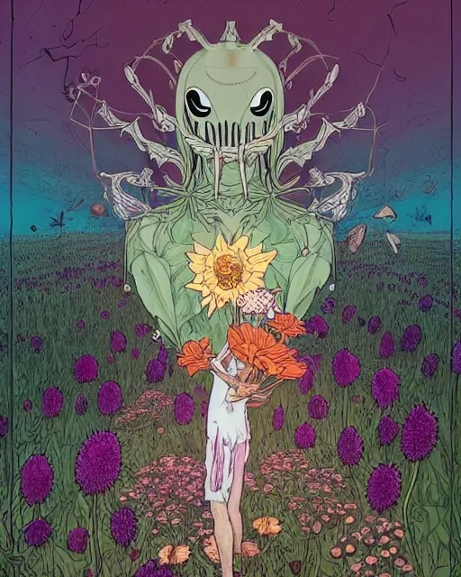 Prompt: the platonic ideal of flowers, sprouting, insects and praying of cletus kasady carnage dementor chtulu mandala ponyo alice in wonderland dinotopia watership down, hollow knight, d & d, fantasy, ego death, mdma, dmt, psilocybin, concept art by greg rutkowski and simon stalenhag and alphonse mucha