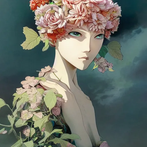 Prompt: prompt : flora portrait soft light painted by james jean and katsuhiro otomo and erik jones, inspired by evangeleon anime, smooth face feature, intricate oil painting, high detail illustration, sharp high detail, manga and anime 1 9 9 9