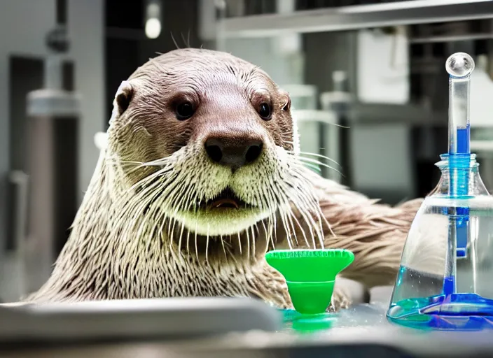 Prompt: film still of a otter working in a research lab filling test tubes, 8 k