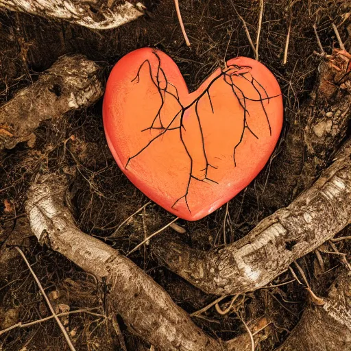 Image similar to photograph of an anotomicallt cotrect human heart sitting on the ground in a forest of dead trees