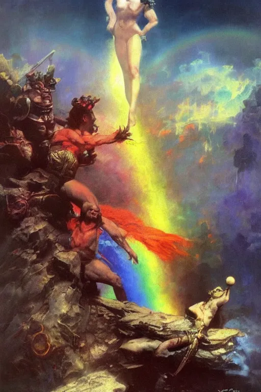 Image similar to rainbow dream, fantasy, trending on art station, highly detailed, dramatic by frank frazetta, ilya repin, 8k,