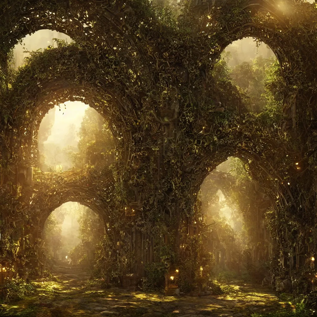 Prompt: overgrown ruined metal archway into a magical elven city, beautiful, intricate, detailed, golden light, 3 d animated movie frame, 8 k