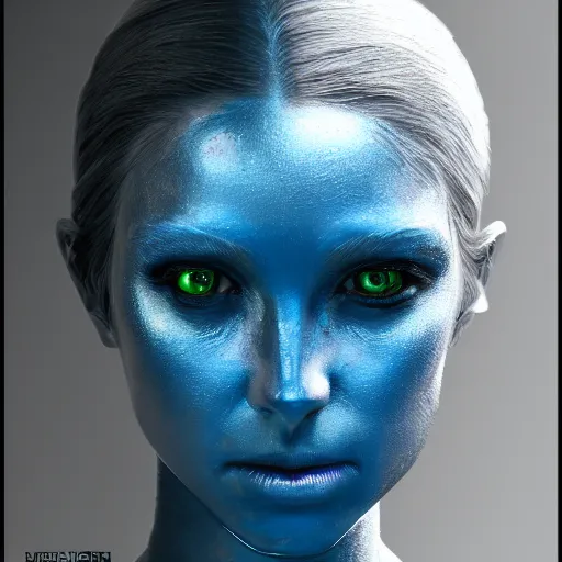 Image similar to portrait of a female android made of steel, face completely covered in phthalo blue filigree, glowing blue eyes, filigree, elegant, sharp focus, graceful, master crafted, trending on artstation, award winning, beauty,