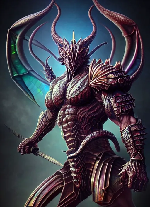 Prompt: athletic and muscular humanoid dragon creature!!!! draconian!! intricate ornate iridescent scale armor!! character concept art, sharp focus, octane render! unreal engine 5! highly rendered!! trending on artstation!! detailed linework!! illustration by artgerm, wlop, and chie yoshii