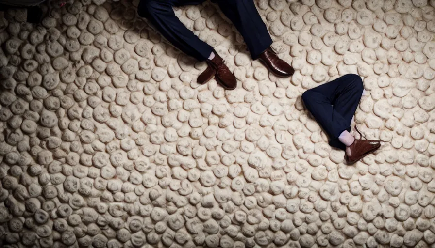 Prompt: Quentin Tarantino sitting on couch inside house made of human feet, close-up portrait photograph