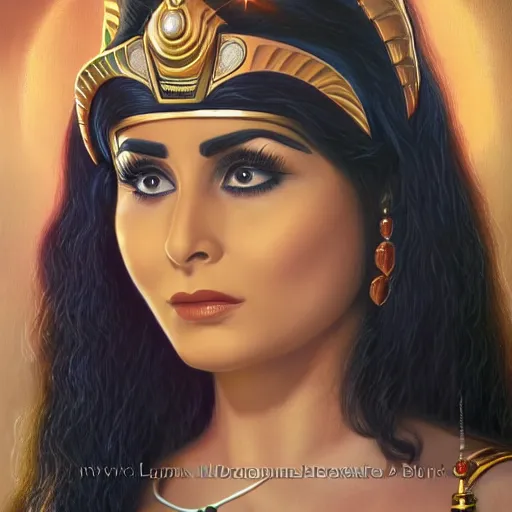 Prompt: a detailed fantasy character portrait of soad hosny as egyptian goddess of cinema by lauri blank, artgerm, evelyn de morgan, 8K, 50mm lens