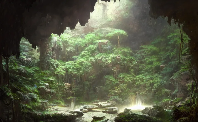 Image similar to painting of an interior of a hidden japanese hotspring in a small cave, fantasy, lush plants and flowers, natural light, concept art, by greg rutkowski and craig mullins, cozy atmospheric and cinematic lighting, trending on artstation