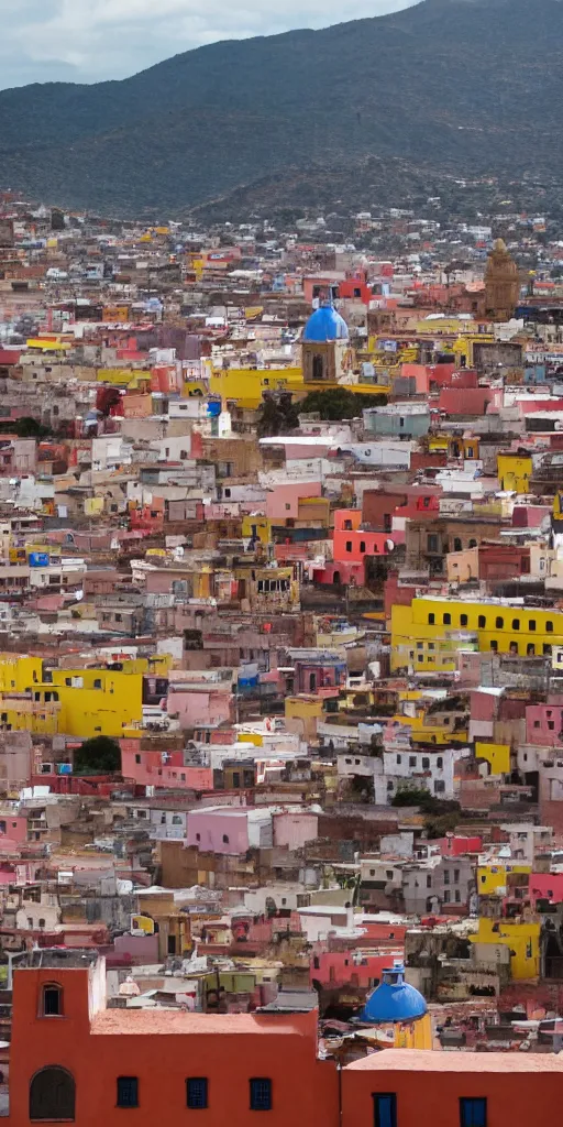 Image similar to window in foreground, guanajuato city in background, by wes anderson