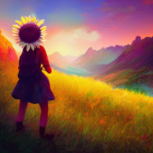 Image similar to giant daisy flower head, girl hiking in the mountains, surreal photography, sunrise, dramatic light, impressionist painting, colorful clouds, digital painting, artstation, simon stalenhag