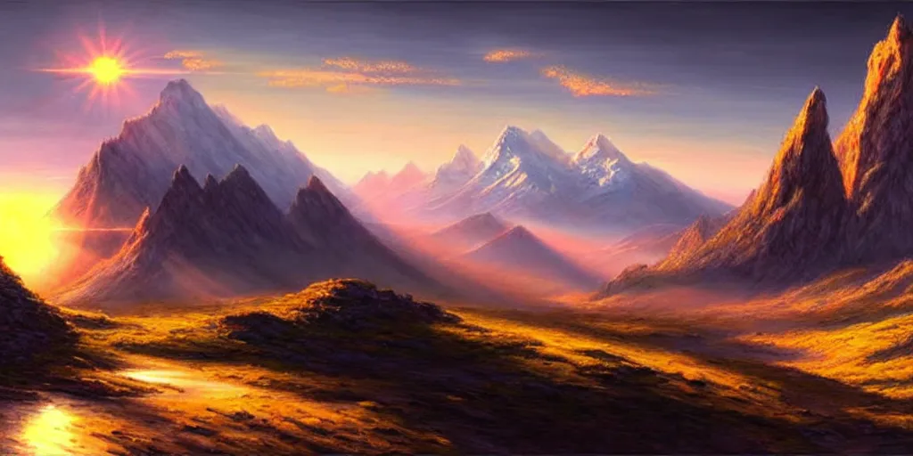 Prompt: a beautiful landscape, sun rises between two mountains, concept art by john stephans, extremely detailed, hyper realism