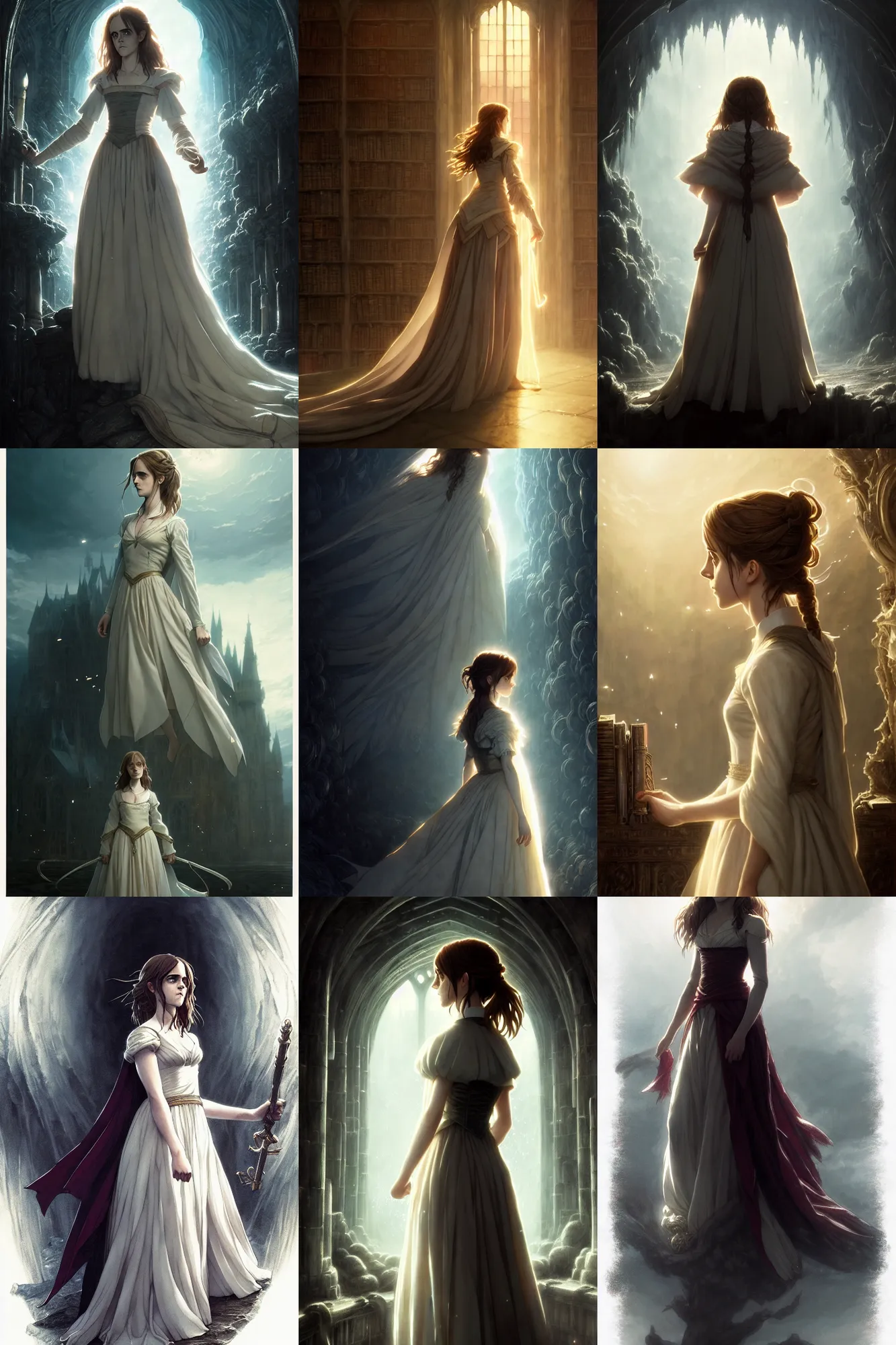 Prompt: emma watson act as hermione in a wedding dress, standing inside a magic library, character art, anime key visual, official media, illustrated by greg rutkowski, michael whelan and gustave dore intricate details, 8 k, trending on artstation, close up, cinematic lighting, beautiful