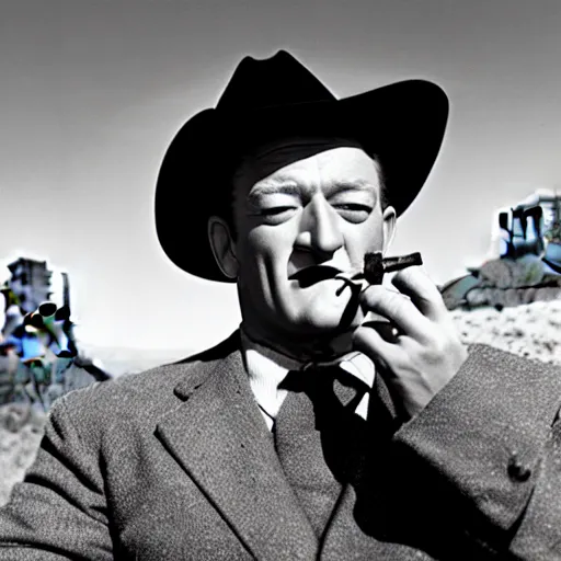 Prompt: a cinematic 5 0 s portrait photography of john wayne smoking a big joint, cowboy, monument valley landscape, flying saucer, farwest,