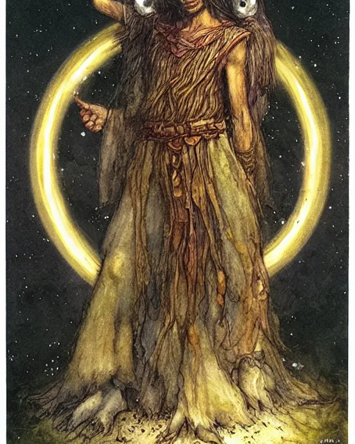 Image similar to a druid standing in a circle at the beginning of the world by brian froud