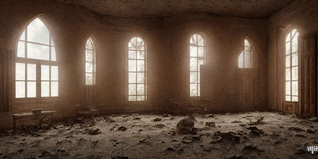 Image similar to interior of a dusty abandoned old western chapel during day, hyper realistic vfx simulation, godrays from windows, trending on Behance, 24mm f8, vray