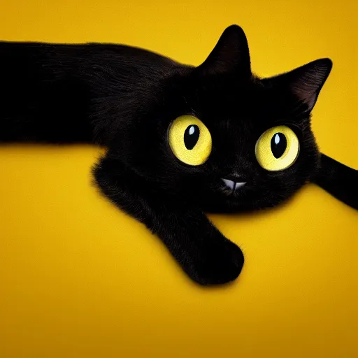 Prompt: Black cat on a yellow solid background. Pixar Style