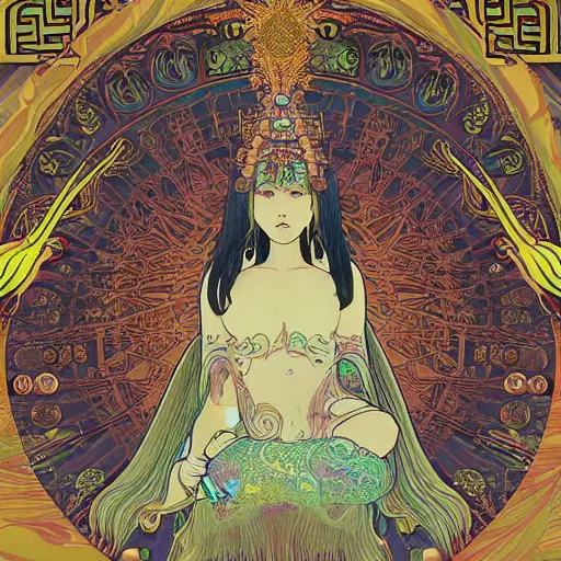 Prompt: A painting of priestesses worshipping at the jellyfish temple, shrouded in mist, jellyfish god, jellyfish priestess, jellyfish shrine maiden 8K, illustration, intricate artwork by alphonse mucha and Stanley Lau, smoke, undersea temple with fish, cinematic, insanely detailed and intricate, hypermaximalist, elegant, super detailed, award-winning, coquelicot and mauve and cinnabar and cyan, rainbow accents, mysterious, ancient, ritual, trending in cgsociety, artstation HQ, ornate, elite, haunting, matte painting, beautiful detailed, insanely intricate details, dreamy and ethereal, smooth, sharp focus