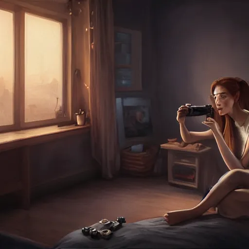 Prompt: Epic portrait a woman playing videogames in her room during nighttime, blurred backround, city window view, white t shirt and brown bang hair, digital painting, artstation, concept art, soft light, hdri, smooth, sharp focus, illustration, fantasy, intricate, elegant, highly detailed, D&D, matte painting, in the style of Greg Rutkowski and Alphonse Mucha and artemisia, 8k, highly detailed, jurgens, rutkowski, bouguereau, pastoral, rustic, georgic