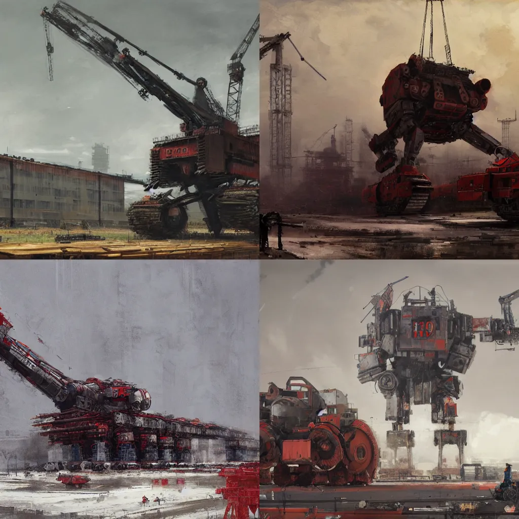 Prompt: construction of a giant soviet mech at the factory by jakub rozalski