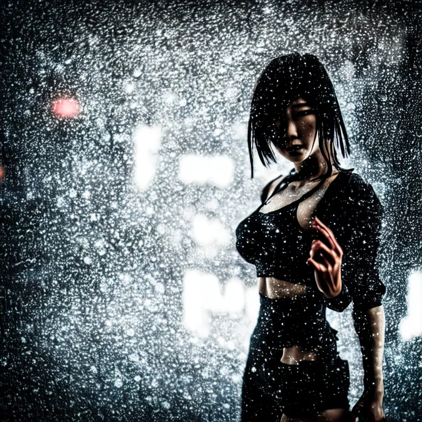 Image similar to a photo close up cyberpunk woman dance in heavy rain and smoke, cyberpunk gunma prefecture, midnight, photorealistic, cinematic lighting, highly detailed, bokeh, style by tomino - sama