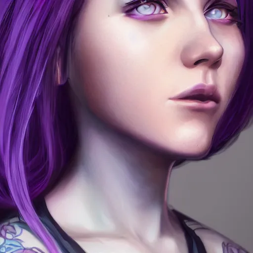 Image similar to Abigail from stardew valley, purple hair, blue eyes, portrait, cgsociety, realistic, highly detailed, sublime, 16k, smooth, sharp focus, trending on ArtStation, hyperdetailed, volumetric lighting