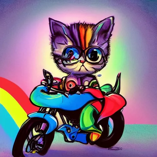 Image similar to wide angle full body, jacket wearing fluffy cute rainbow kitten wearing a black leather motorcycle jacket, riding on a motorcycle, cinematic concept art