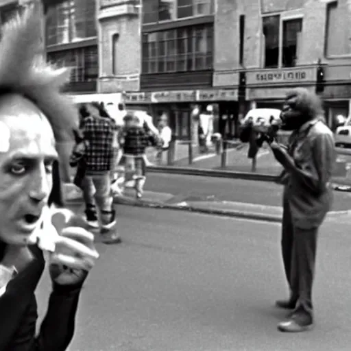 Image similar to jarvis conehead 1980s street performer film