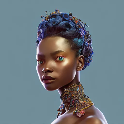 Image similar to the portrait of a blueberry that resembles an absurdly beautiful, graceful, elegant, sophisticated young black woman, an ultrafine hyperdetailed illustration by kim jung gi, irakli nadar, intricate linework, bright colors, octopath traveler, final fantasy, unreal engine 5 highly rendered, global illumination, radiant light, detailed and intricate environment