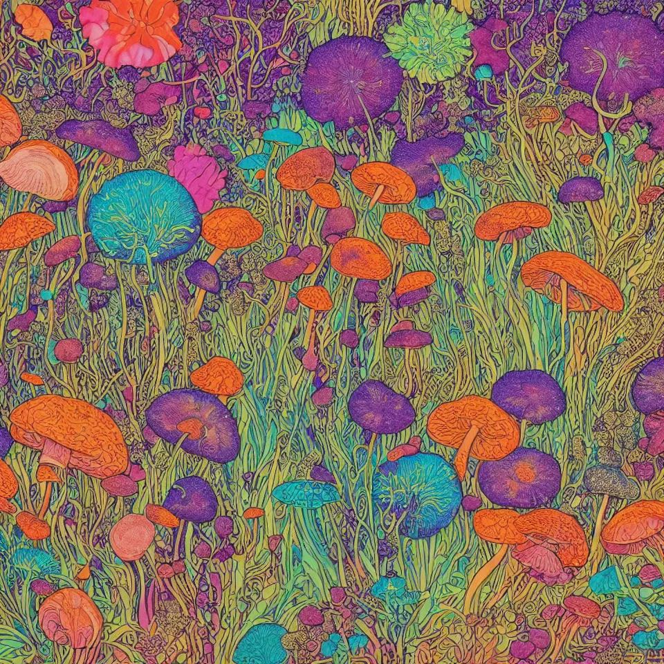 Prompt: colorful print of mycelium and fungi botanical artwork, multicolor lino block print with vignettes, created by ernst haeckel, greg hildebrandt, mary delany, tiffany bozic in the style of painting toon shades, colorful ink, vibrant, pastel, color vector, smooth curves, graphical, detailed, trending in art station