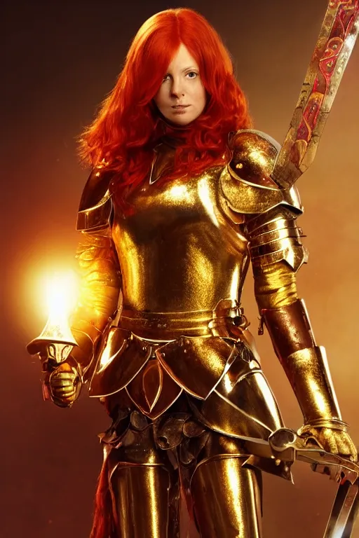 Image similar to a tall, red - haired female knight wearing golden armor and a right golden prosthetic arm, she wields a long golden blade