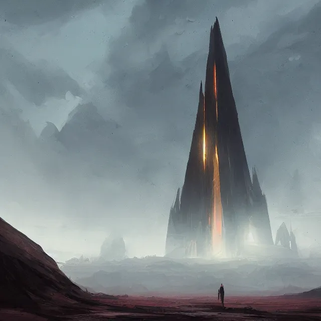 Image similar to a black spire rising up out of a desolate desert, by greg rutkowski, concept art, sci - fi concept art, cinematic lighting, highly detailed artwork, trending on artstation, movie concept art