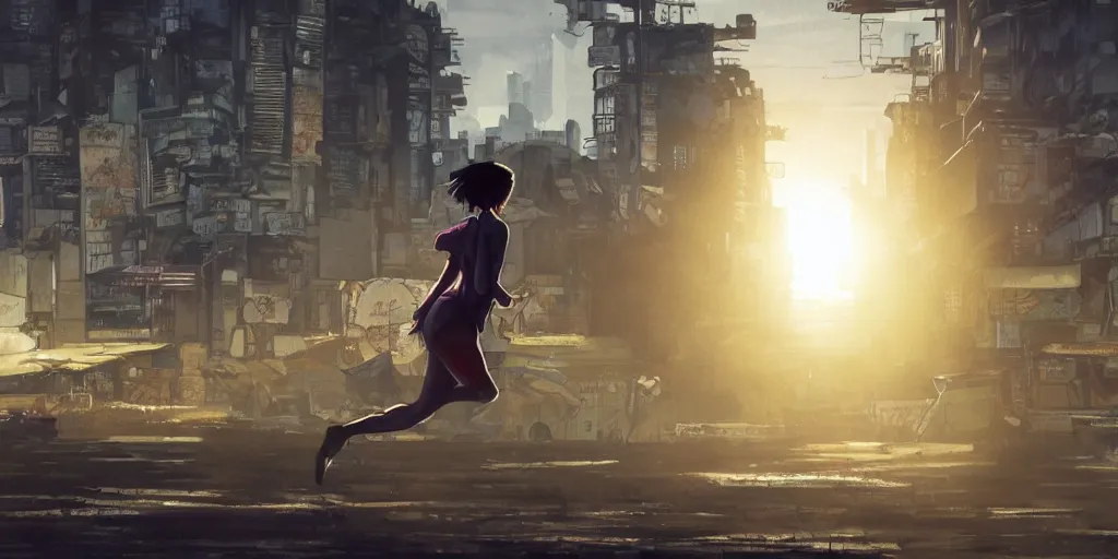 Prompt: incredible wide screenshot, ultrawide, simple watercolor, rough paper texture, ghost in the shell movie scene, backlit distant shot of girl in a parka running from a giant robot invasion side view, yellow parasol in deserted dusty junk town, broken vending machines