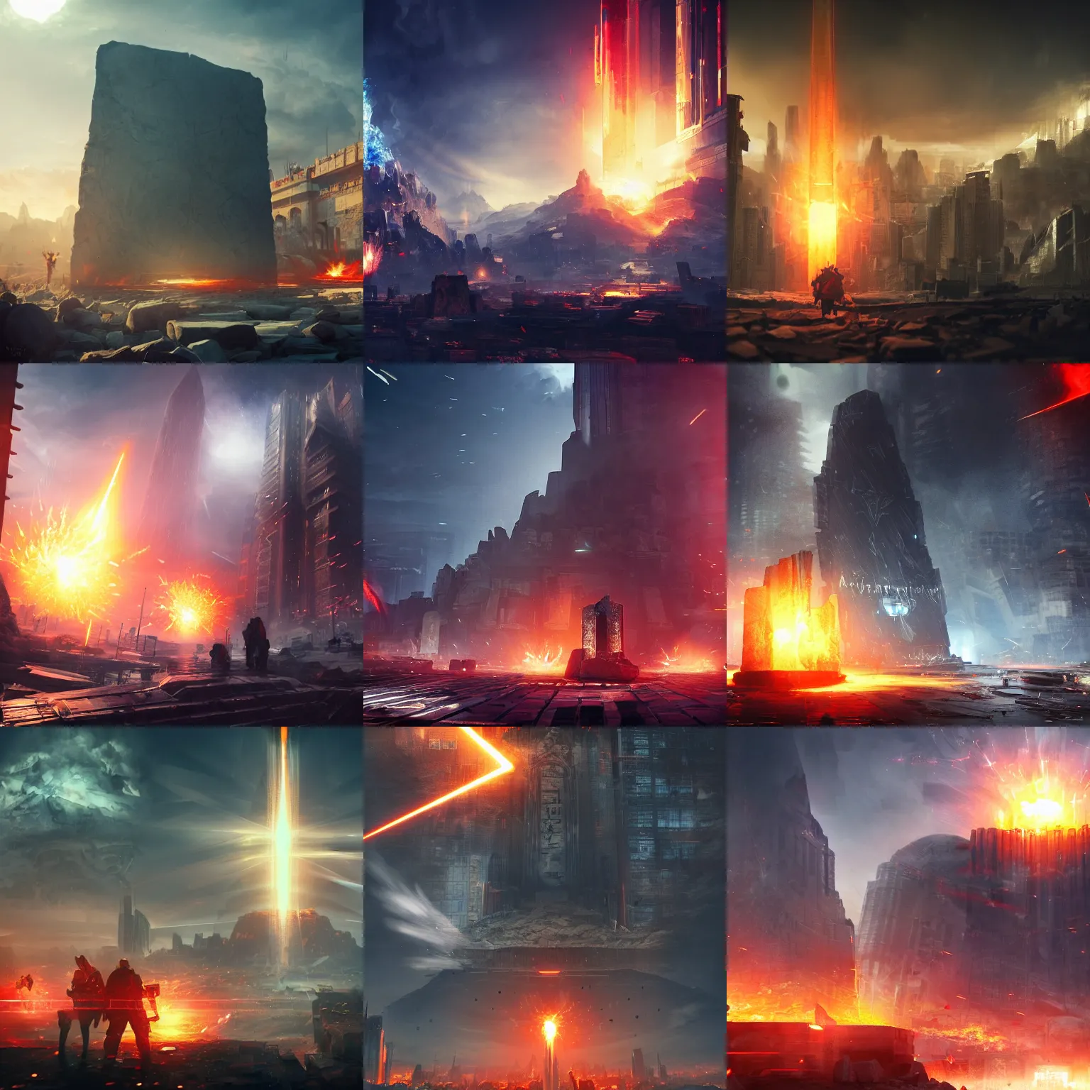 Prompt: a huge towering and broken stone tablet with red light stands in the center of a prosperous city at the end of the world, and the power and energy is explode, secret, mysterious, doomsday, war landscape, video game, control, quantum break, arknights, artstation,