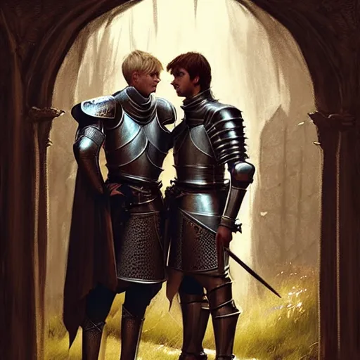 Image similar to attractive arthur pendragon and his attractive male knight, in camelot | | sunny, dreamlike art, realistic shaded, fine details, 4 k realistic, cryengine, realistic shaded lighting poster by greg rutkowski, magali villeneuve, artgerm, jeremy lipkin and michael garmash and rob rey