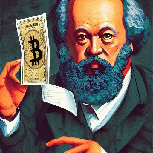 Image similar to Karl marx Holding bitcoins and dreaming about capitalism, highly detailed, very coherent, painted by Francis Bacon and Edward Hopper, Wayne Barlowe, painted by James Gilleard, surrealism, airbrush, art by JamesJean