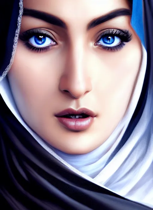 Image similar to arab ameera al taweel, blue eyes, black hair, white veil, in the style of stefan kostic, realistic, sharp focus, 8k high definition, insanely detailed, intricate, elegant, art by stanley lau and artgerm