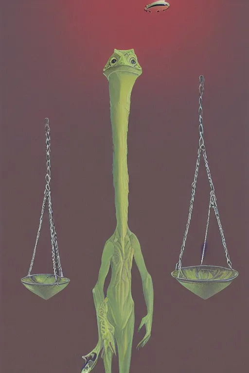 Image similar to reptilian alien hold a justice scales in the court on Mars dirty trash Edward Hopper and James Gilleard, Zdzislaw Beksisnski, higly detailed