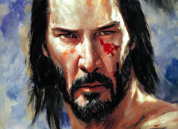 Image similar to a highly detailed beautiful portrait of keanu reeves as kratos, by gregory manchess, james gurney, james jean